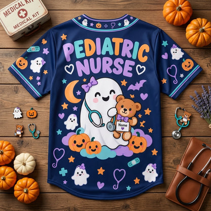 Personalized Code Boo Pediatric Nurse Baseball Jersey – Halloween Nursing Gift - mockup 4