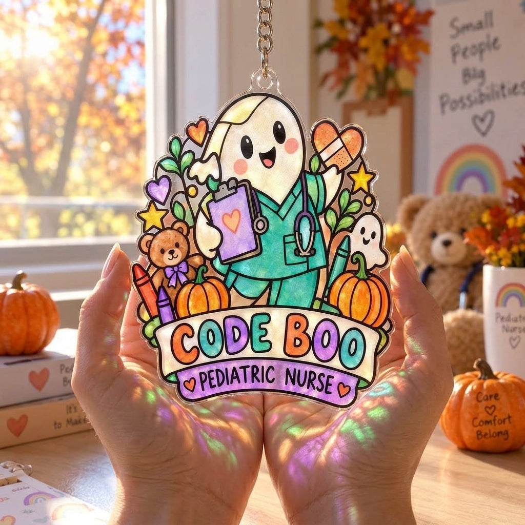 Code Boo Pediatric Nurse Custom Shape Suncatcher - Spooky Healthcare Gift - mockup 3