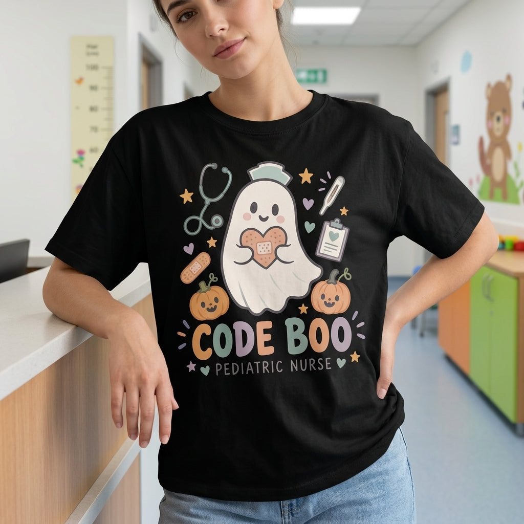Code Boo Pediatric Nurse Halloween T-shirt Sweatshirt Hoodie – Cute Ghost Nurse Gift - mockup 1