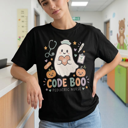 Code Boo Pediatric Nurse Halloween T-shirt Sweatshirt Hoodie – Cute Ghost Nurse Gift - mockup 1