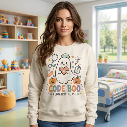 Code Boo Pediatric Nurse Halloween T-shirt Sweatshirt Hoodie – Cute Ghost Nurse Gift - mockup 2