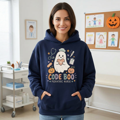 Code Boo Pediatric Nurse Halloween T-shirt Sweatshirt Hoodie – Cute Ghost Nurse Gift - mockup 3