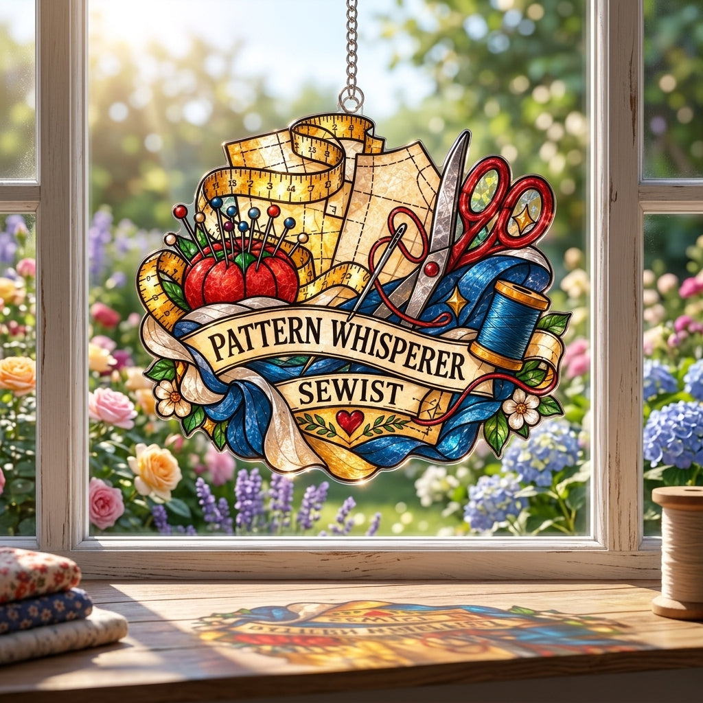 Pattern Whisperer Sewist Custom Shape Suncatcher - Sewing Room Window Decor - mockup 1