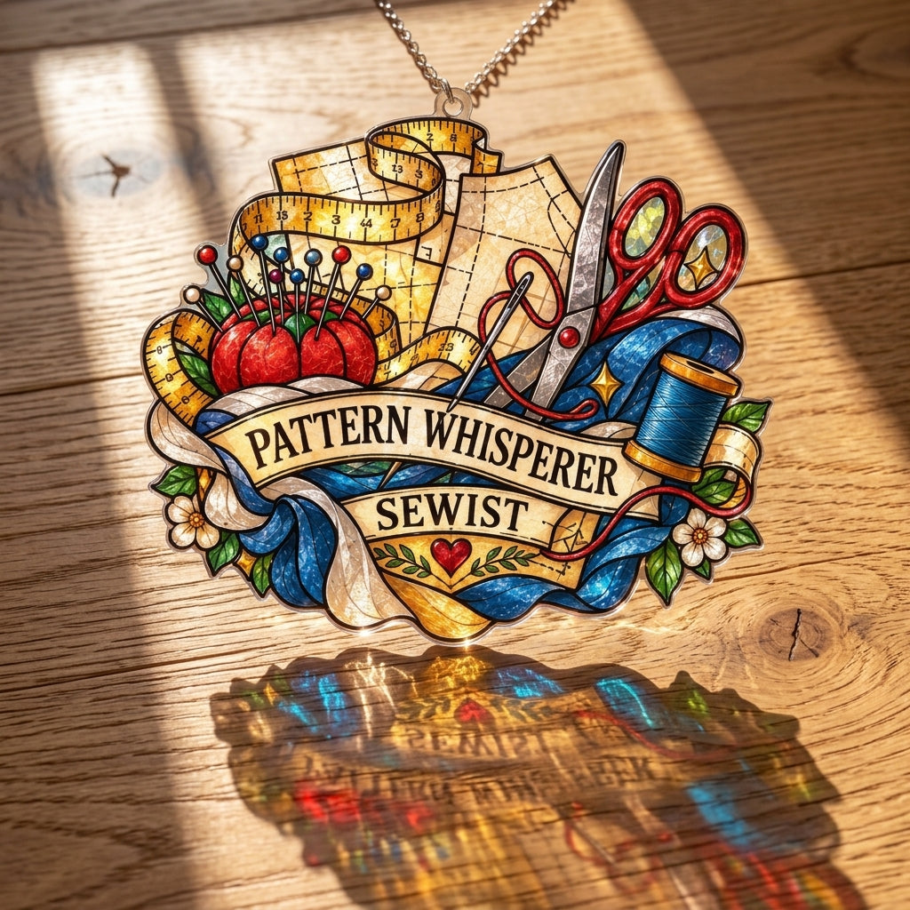 Pattern Whisperer Sewist Custom Shape Suncatcher - Sewing Room Window Decor - mockup 2