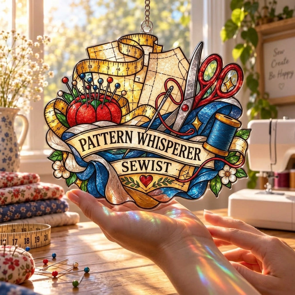 Pattern Whisperer Sewist Custom Shape Suncatcher - Sewing Room Window Decor - mockup 3