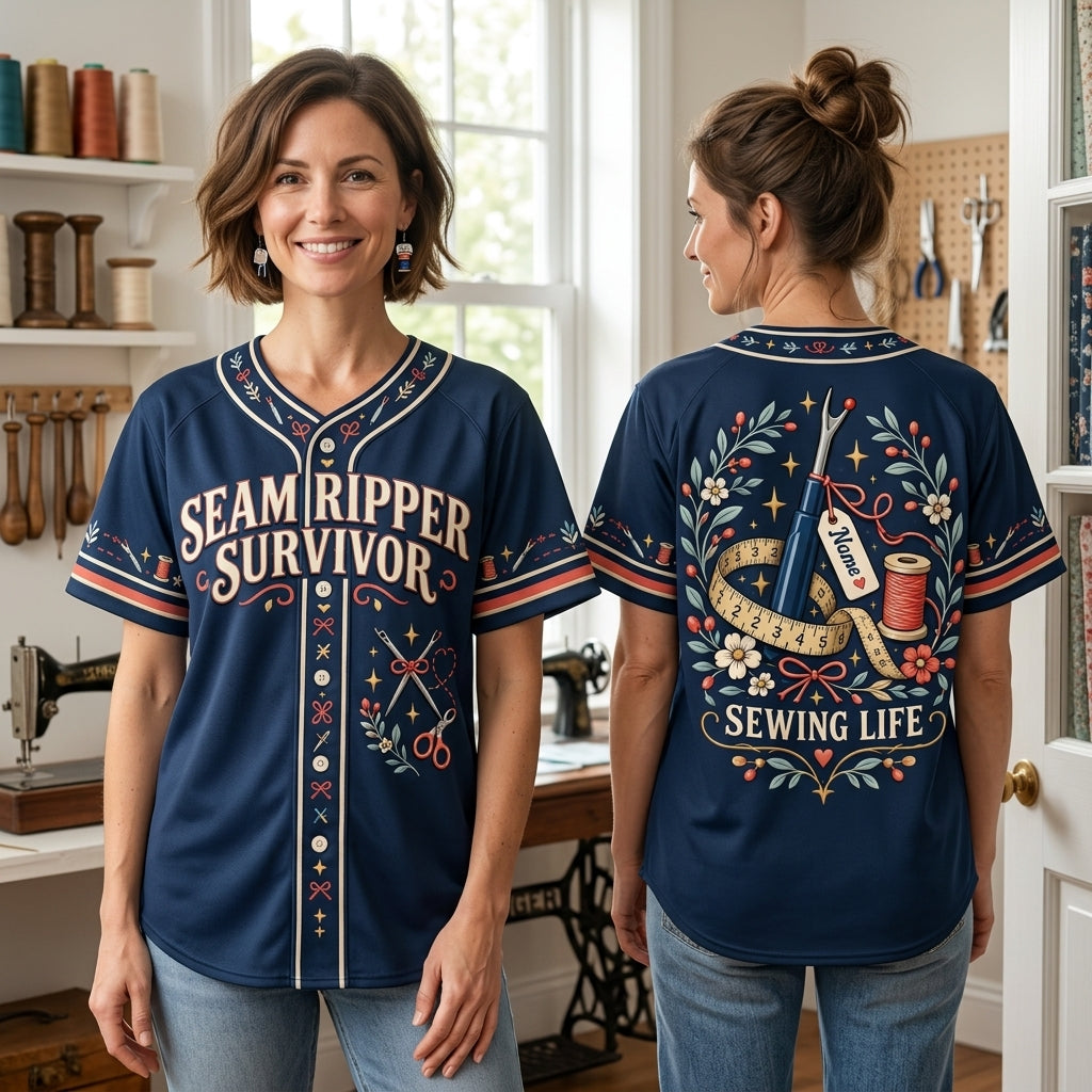 Custom Seam Ripper Survivor Baseball Jersey - Funny Sewing Life Gift - mockup 1