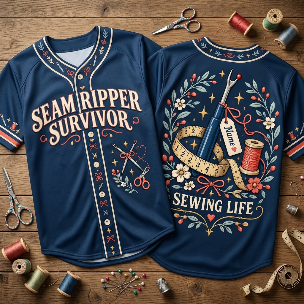 Custom Seam Ripper Survivor Baseball Jersey - Funny Sewing Life Gift - mockup 2