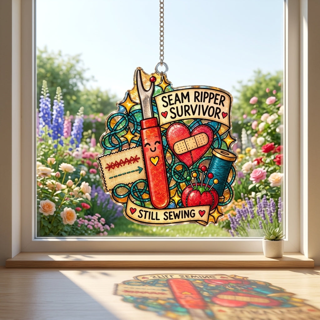 Seam Ripper Survivor Custom Shape Suncatcher - Funny Sewing Room Decor for Quilters - mockup 1