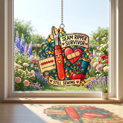Seam Ripper Survivor Custom Shape Suncatcher - Funny Sewing Room Decor for Quilters - mockup 1