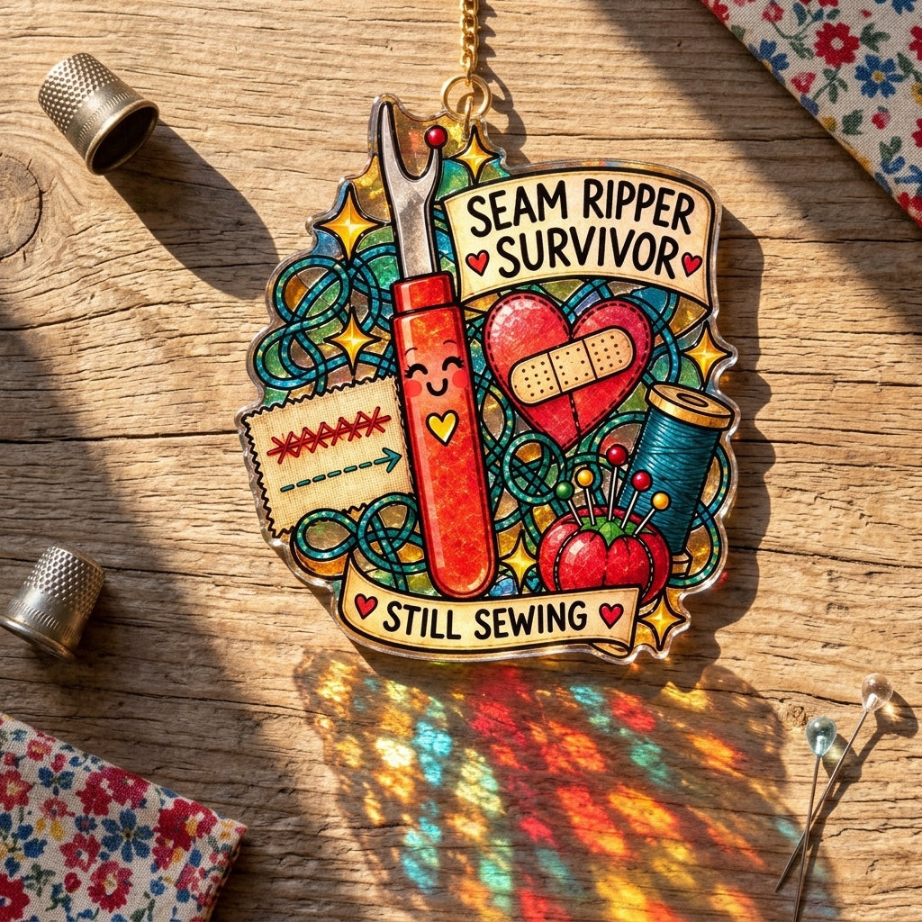 Seam Ripper Survivor Custom Shape Suncatcher - Funny Sewing Room Decor for Quilters - mockup 2