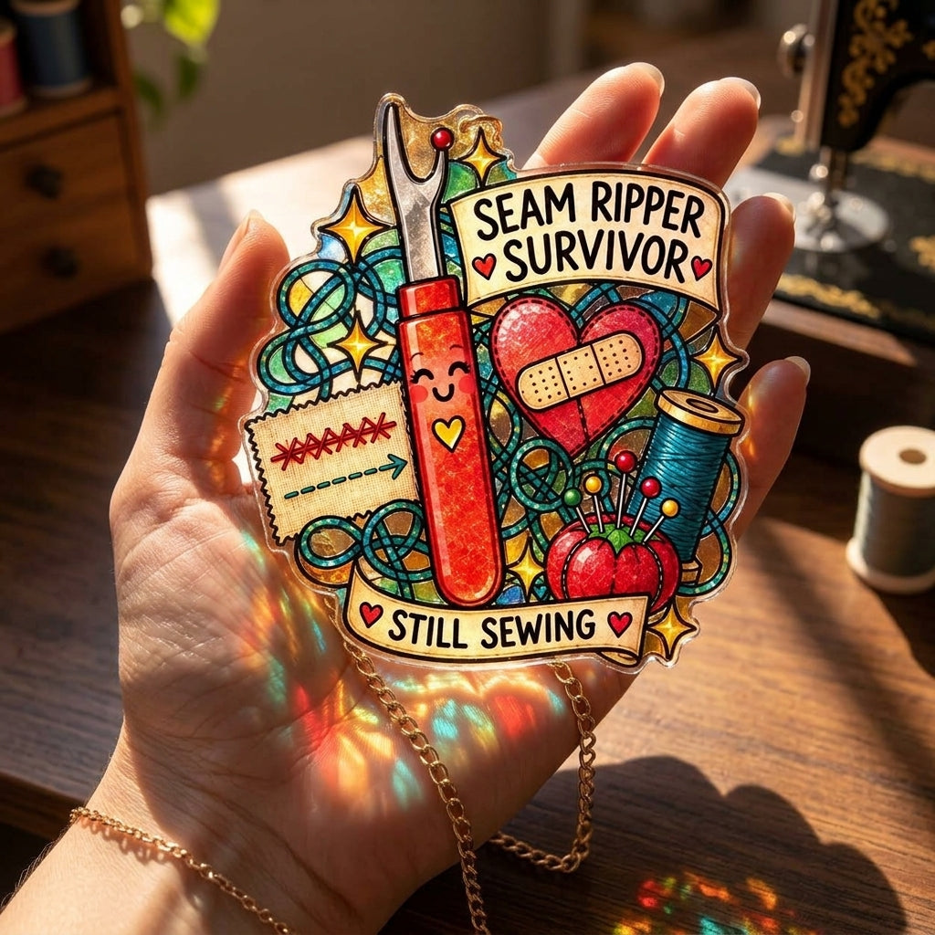 Seam Ripper Survivor Custom Shape Suncatcher - Funny Sewing Room Decor for Quilters - mockup 3