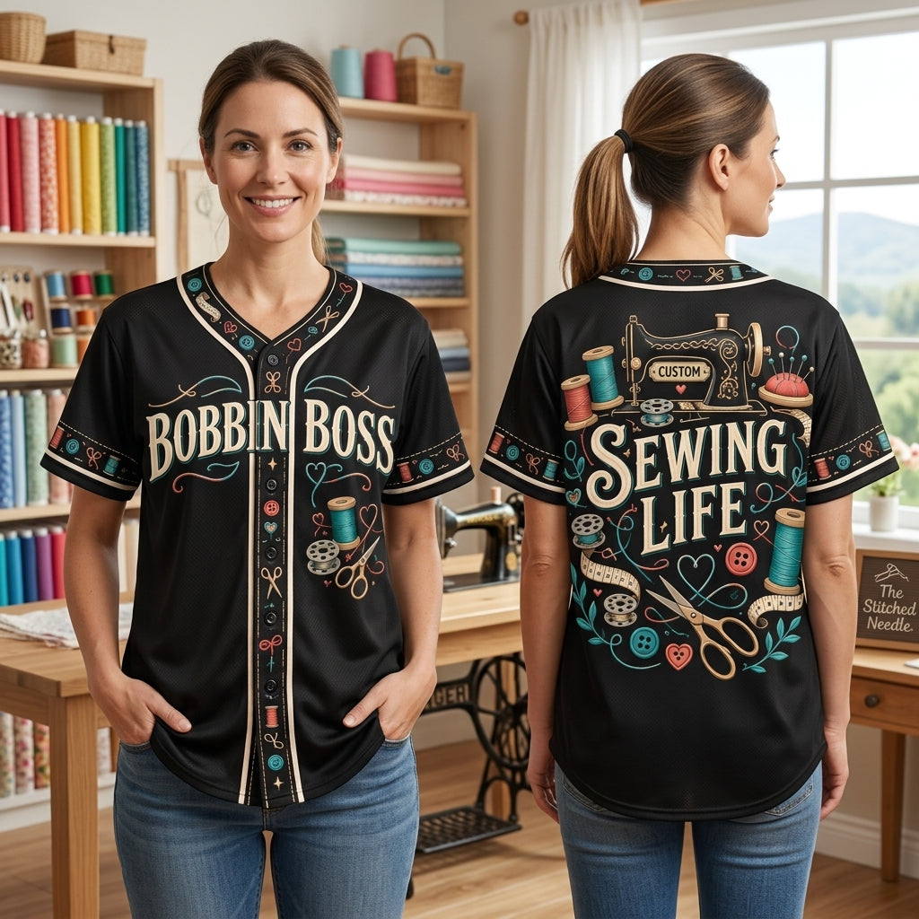 Custom Bobbin Boss Sewing Life Baseball Jersey - Personalized Gift for Sewing Lovers - mockup 1