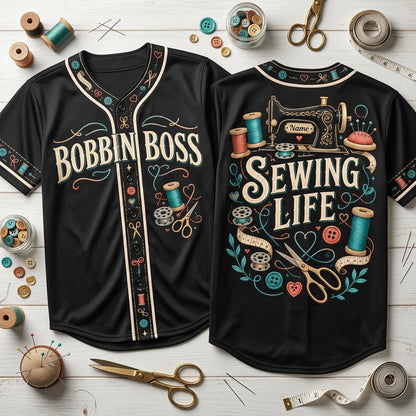 Custom Bobbin Boss Sewing Life Baseball Jersey - Personalized Gift for Sewing Lovers - mockup 2