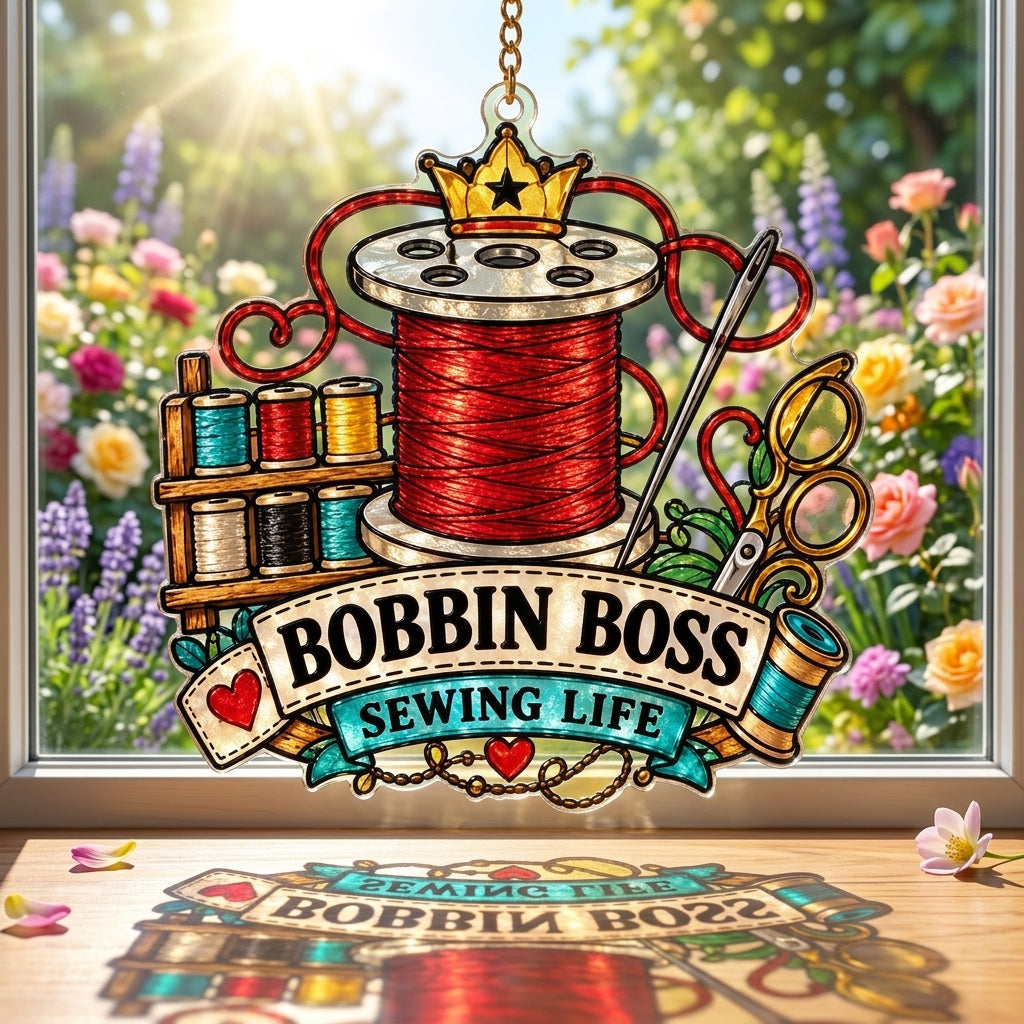 Bobbin Boss Sewing Life Custom Shape Acrylic Suncatcher – Colorful Gift for Sewists & Quilters - mockup 1