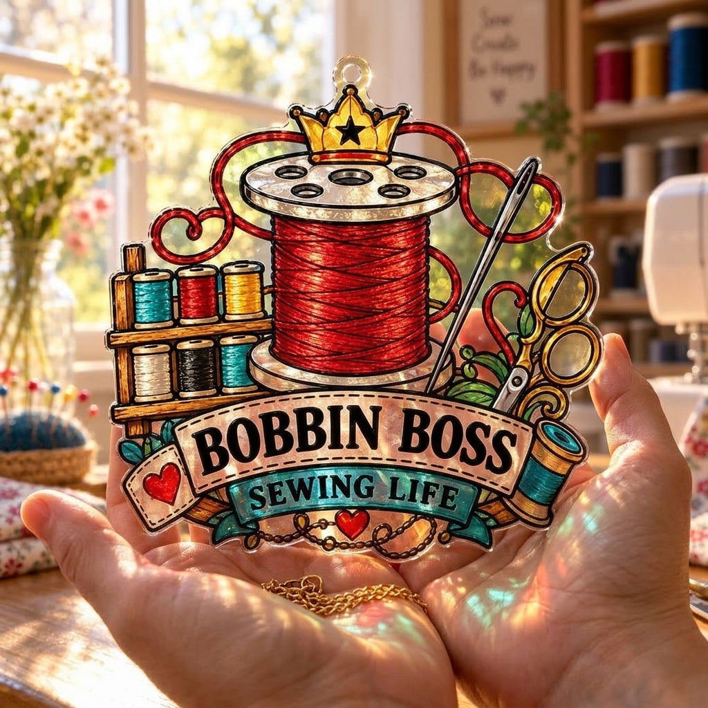 Bobbin Boss Sewing Life Custom Shape Acrylic Suncatcher – Colorful Gift for Sewists & Quilters - mockup 3