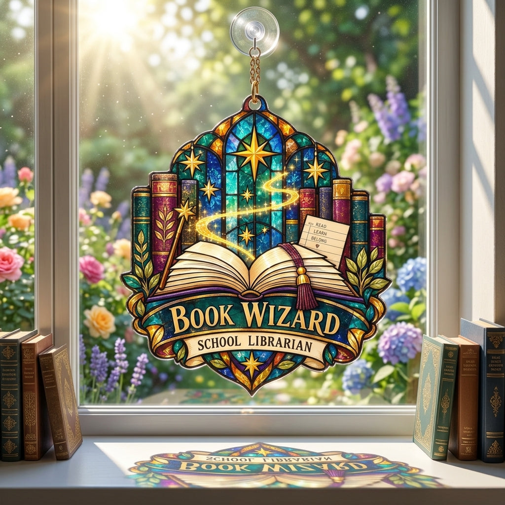 Book Wizard School Librarian Custom Shape Acrylic Suncatcher – Library Decor Gift - mockup 1