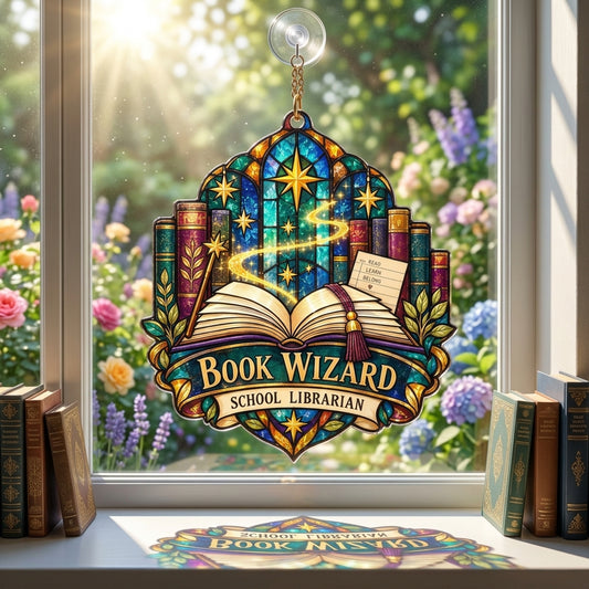 Book Wizard School Librarian Custom Shape Acrylic Suncatcher – Library Decor Gift - mockup 1