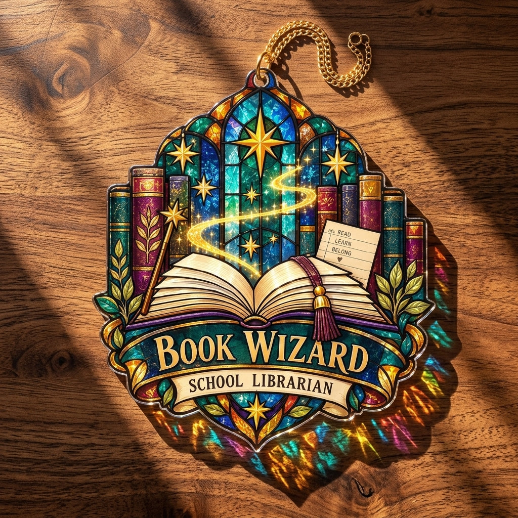 Book Wizard School Librarian Custom Shape Acrylic Suncatcher – Library Decor Gift - mockup 2