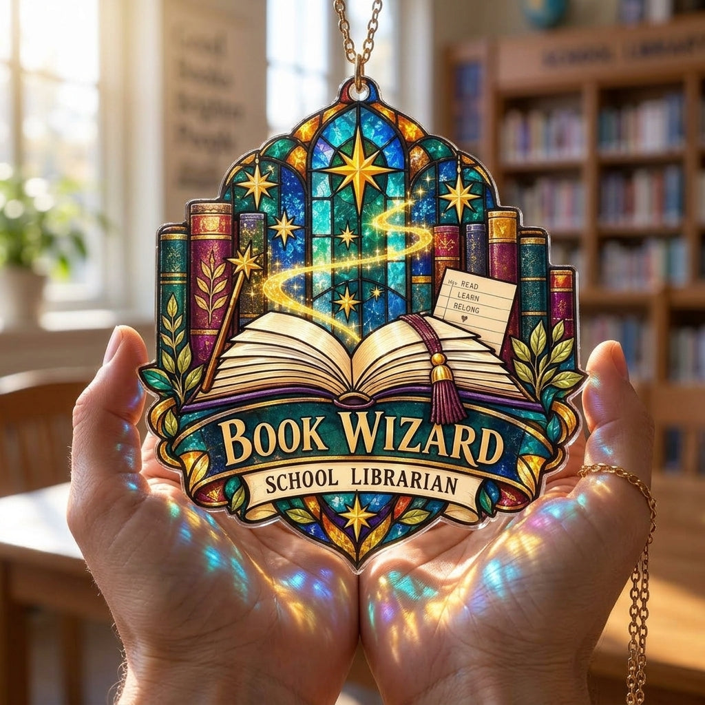 Book Wizard School Librarian Custom Shape Acrylic Suncatcher – Library Decor Gift - mockup 3