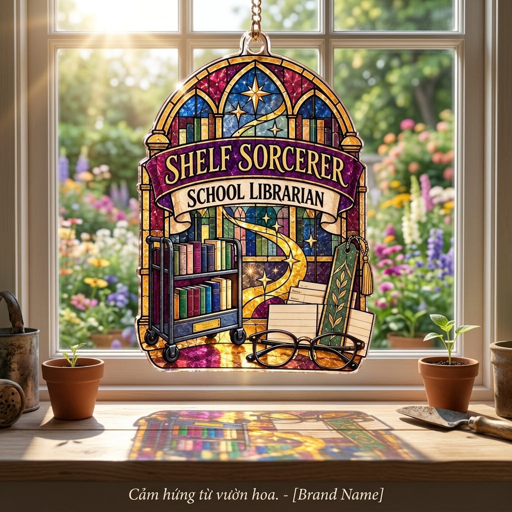 Shelf Sorcerer School Librarian Custom Shape Suncatcher - Stained Glass Style Library Gift - mockup 1