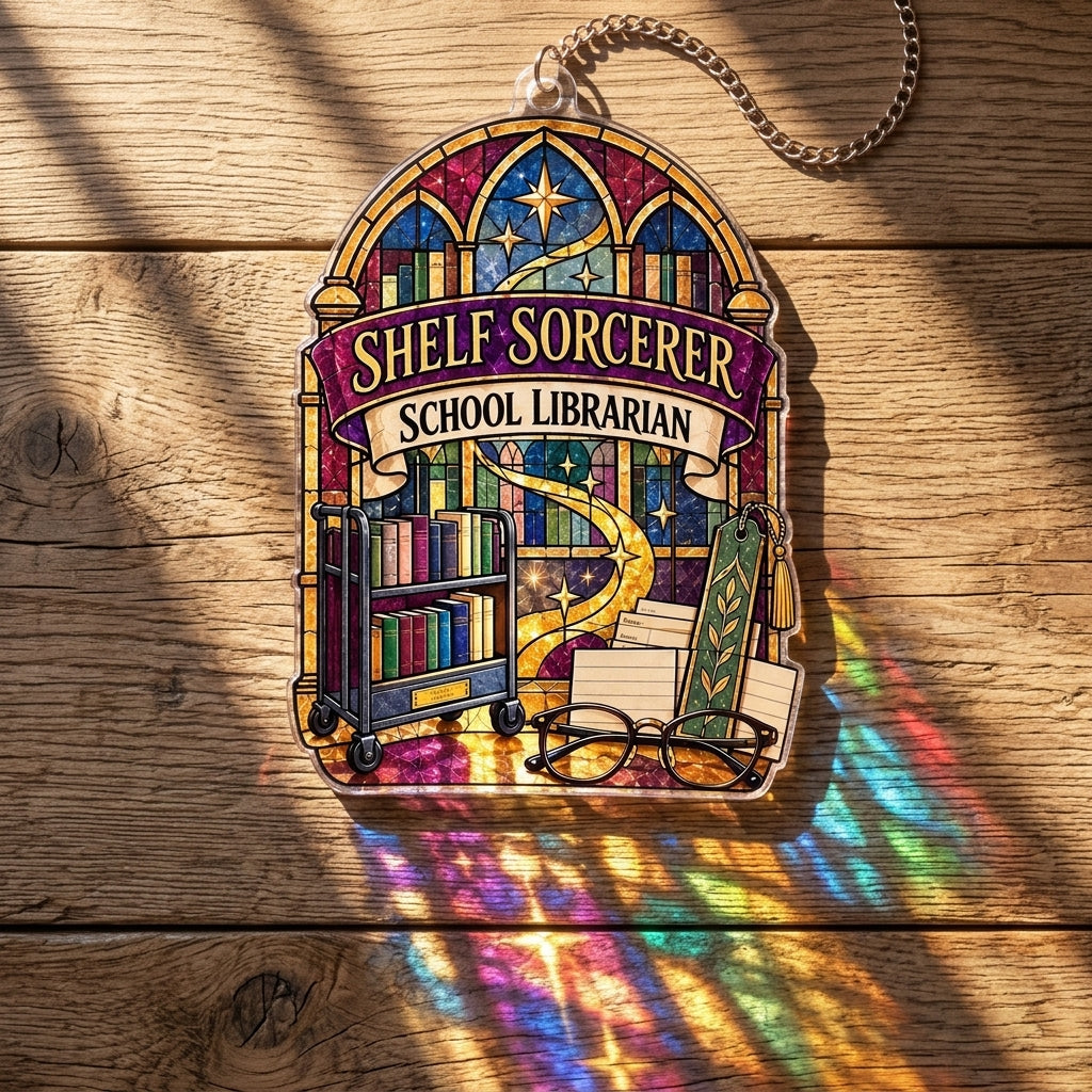 Shelf Sorcerer School Librarian Custom Shape Suncatcher - Stained Glass Style Library Gift - mockup 2