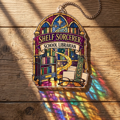 Shelf Sorcerer School Librarian Custom Shape Suncatcher - Stained Glass Style Library Gift - mockup 2