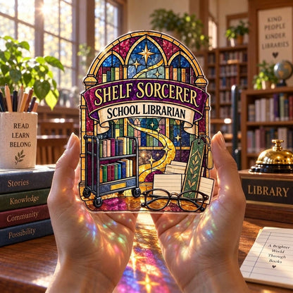 Shelf Sorcerer School Librarian Custom Shape Suncatcher - Stained Glass Style Library Gift - mockup 3