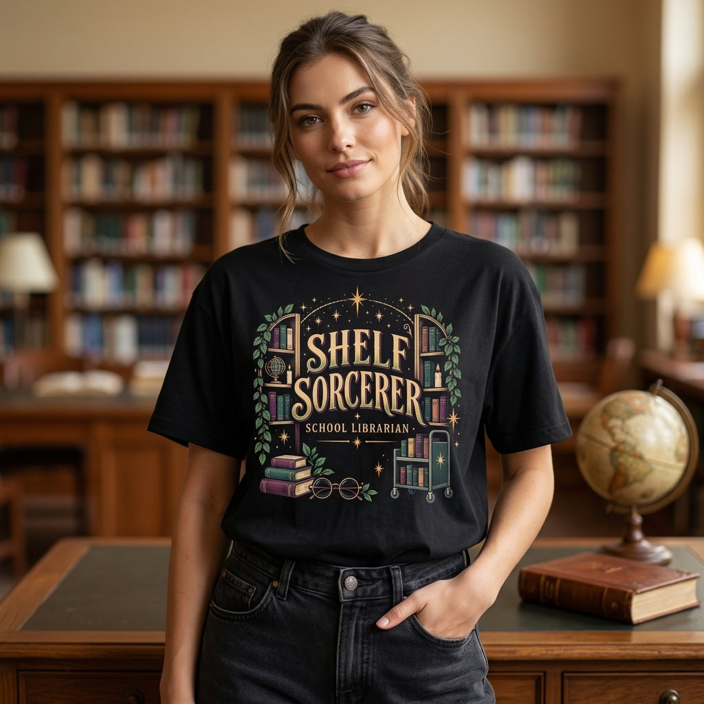 Shelf Sorcerer School Librarian T-Shirt Sweatshirt Hoodie - Magical Book Lover Apparel - mockup 1