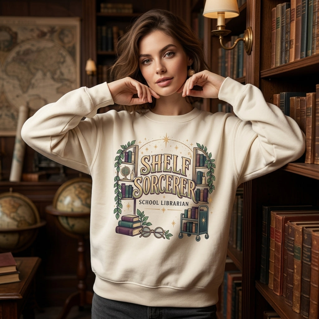 Shelf Sorcerer School Librarian T-Shirt Sweatshirt Hoodie - Magical Book Lover Apparel - mockup 2