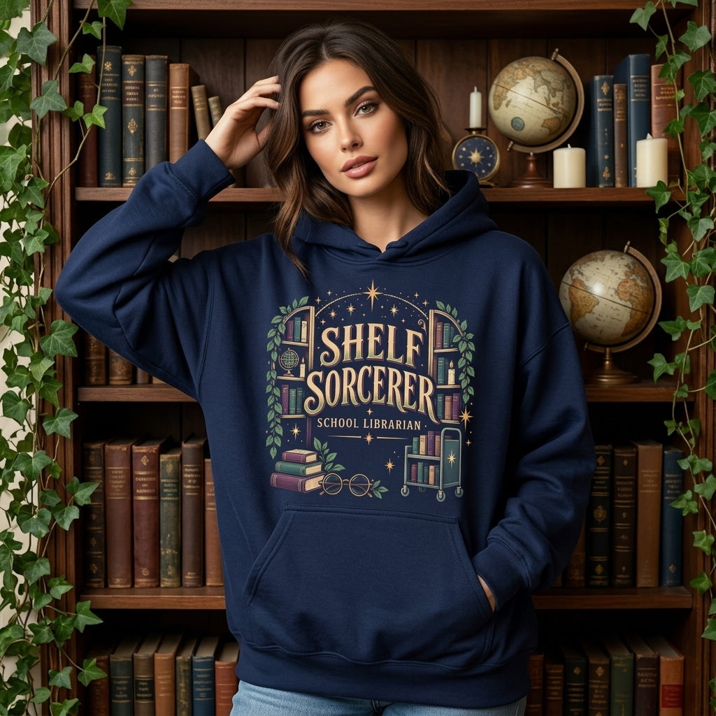 Shelf Sorcerer School Librarian T-Shirt Sweatshirt Hoodie - Magical Book Lover Apparel - mockup 3