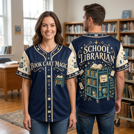 Custom Book Cart Magic School Librarian Baseball Jersey - Personalized Library Gift - mockup 1