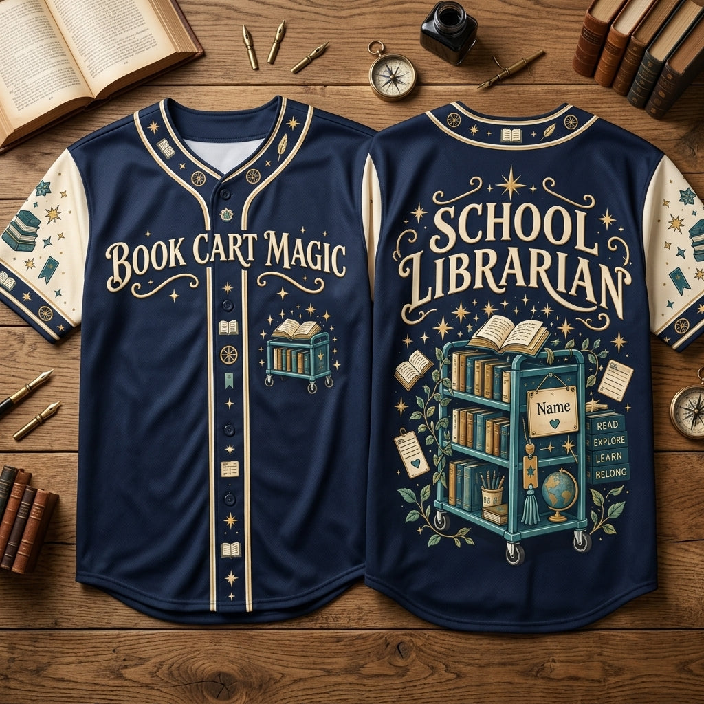 Custom Book Cart Magic School Librarian Baseball Jersey - Personalized Library Gift - mockup 2