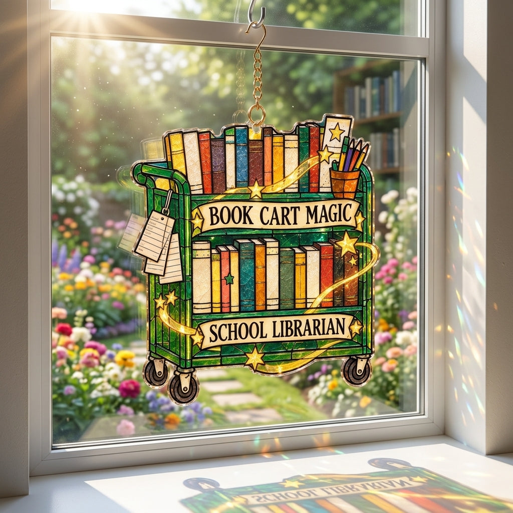 Book Cart Magic School Librarian Custom Shape Suncatcher – Library Decor Gift - mockup 1