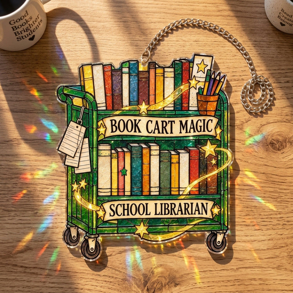 Book Cart Magic School Librarian Custom Shape Suncatcher – Library Decor Gift - mockup 2