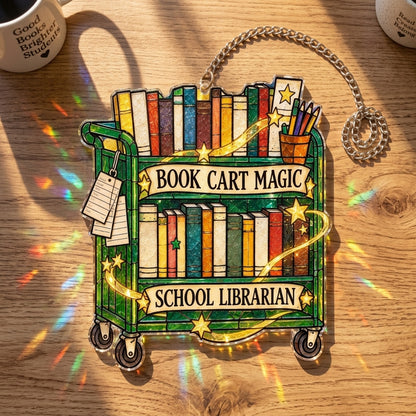 Book Cart Magic School Librarian Custom Shape Suncatcher – Library Decor Gift - mockup 2