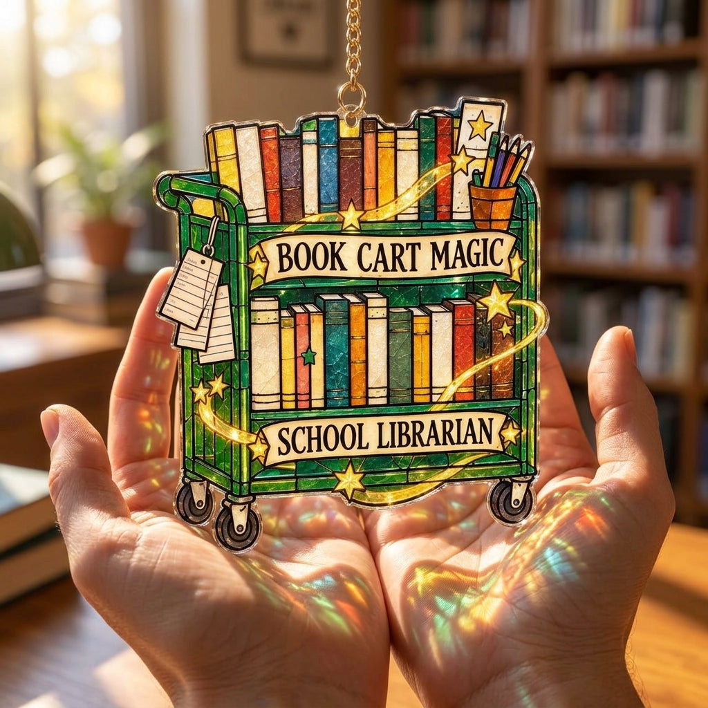 Book Cart Magic School Librarian Custom Shape Suncatcher – Library Decor Gift - mockup 3