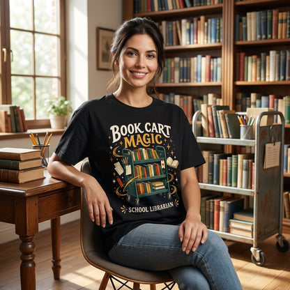 Book Cart Magic School Librarian T-shirt Sweatshirt Hoodie – Gift for Media Specialist - mockup 1
