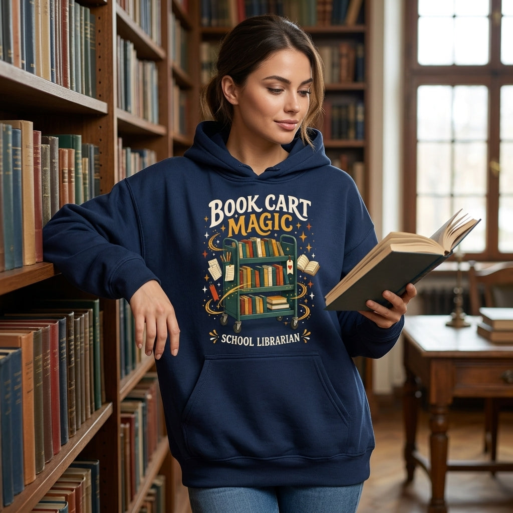 Book Cart Magic School Librarian T-shirt Sweatshirt Hoodie – Gift for Media Specialist - mockup 3