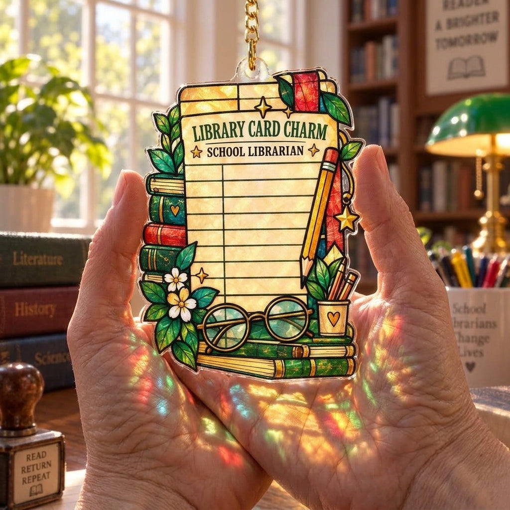 Library Card Charm School Librarian Custom Shape Suncatcher - Librarian Appreciation Gift - mockup 3