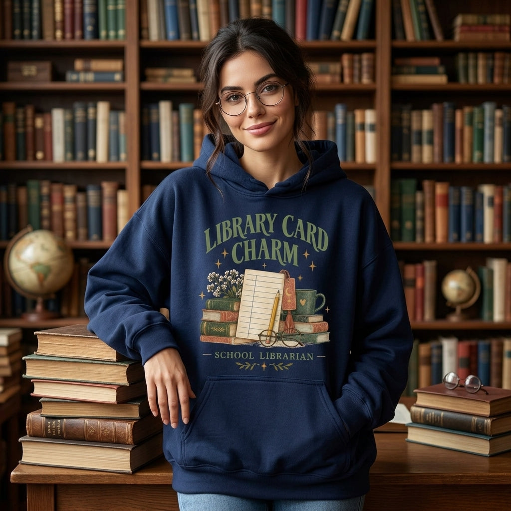 Library Card Charm School Librarian T-shirt Sweatshirt Hoodie - Vintage Book Lover Gift - mockup 3
