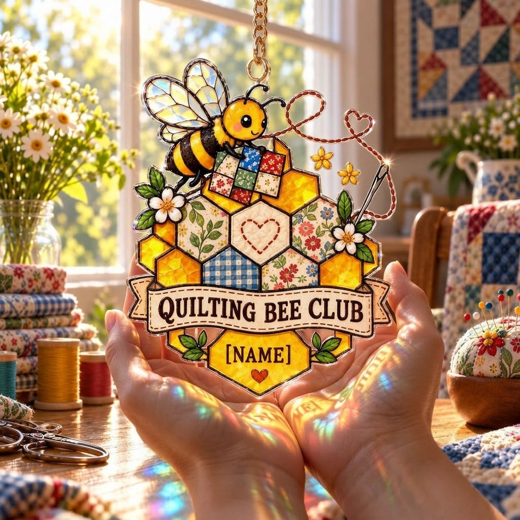 Personalized Quilting Bee Club Custom Shape Suncatcher – Unique Gift for Quilting Enthusiasts - mockup 3