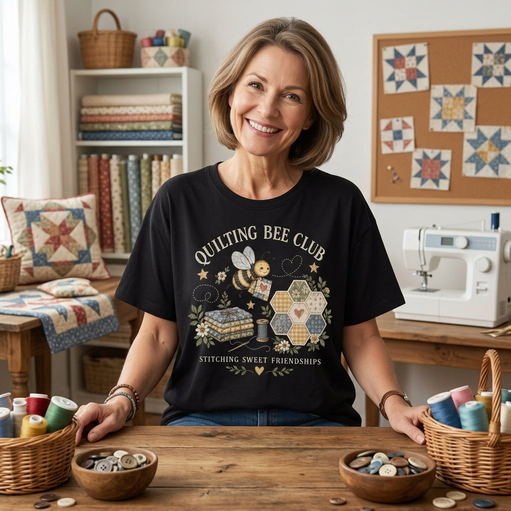 Quilting Bee Club T-shirt Sweatshirt Hoodie - Stitching Sweet Friendships Quilter Gift - mockup 1