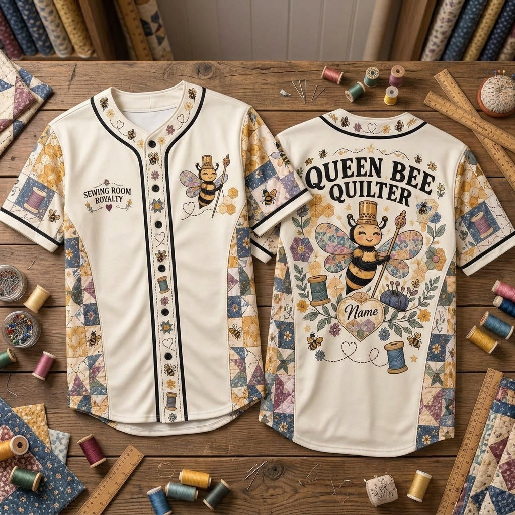 Personalized Queen Bee Quilter Baseball Jersey - Sewing Room Royalty Gift - mockup 1
