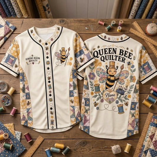 Personalized Queen Bee Quilter Baseball Jersey - Sewing Room Royalty Gift - mockup 1