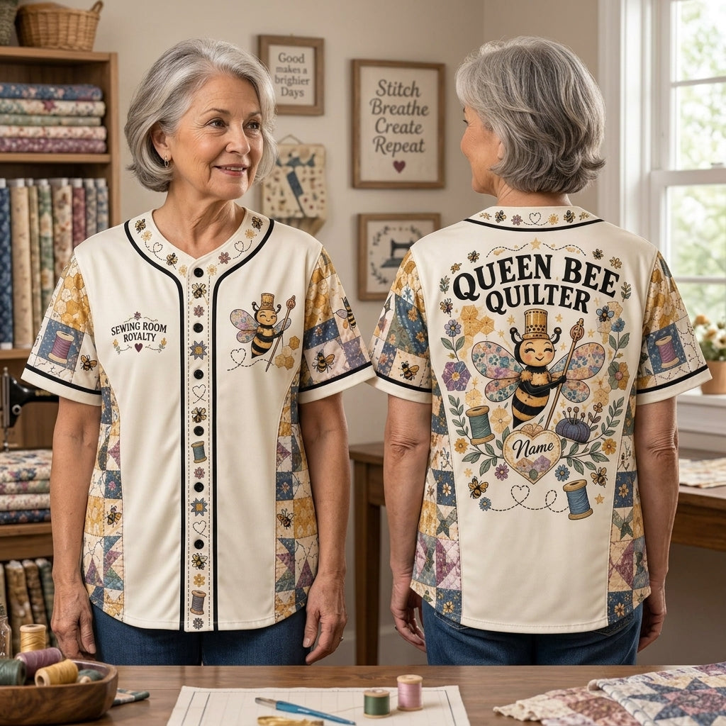 Personalized Queen Bee Quilter Baseball Jersey - Sewing Room Royalty Gift - mockup 2