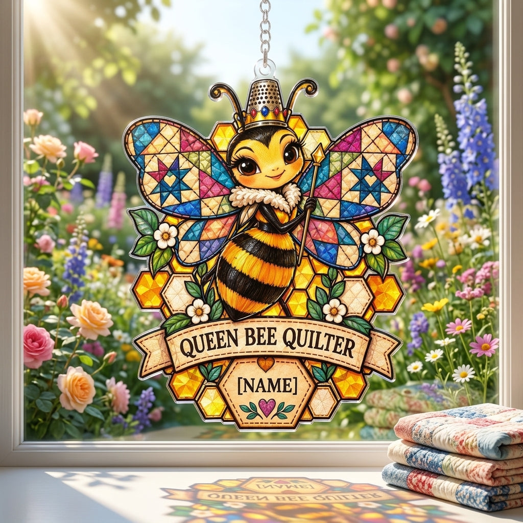 Personalized Queen Bee Quilter Custom Shape Suncatcher – Gift for Quilting Lovers - mockup 1