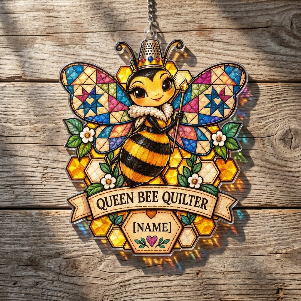 Personalized Queen Bee Quilter Custom Shape Suncatcher – Gift for Quilting Lovers - mockup 2