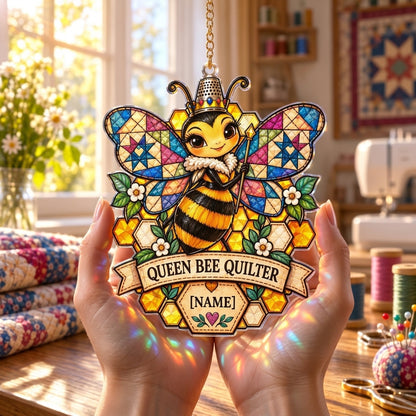 Personalized Queen Bee Quilter Custom Shape Suncatcher – Gift for Quilting Lovers - mockup 3
