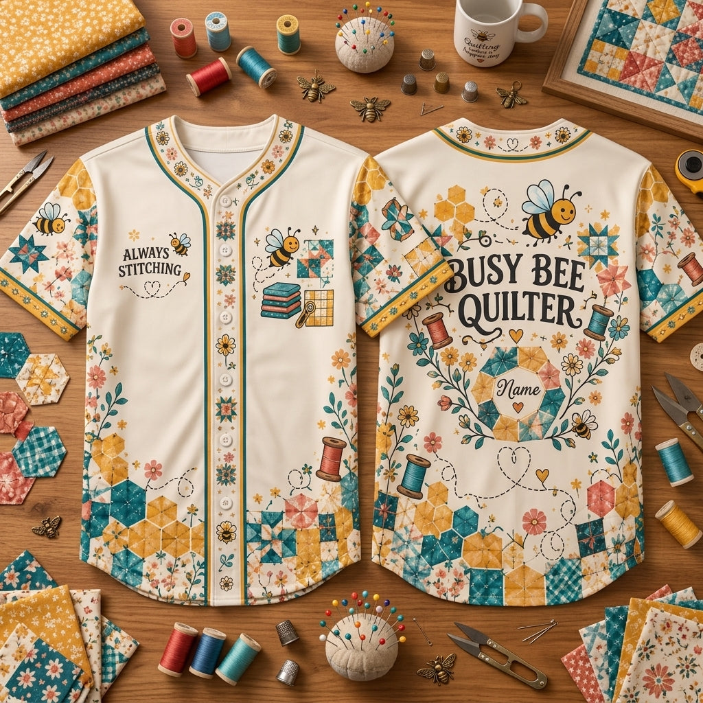 Custom Busy Bee Quilter Baseball Jersey - Personalized Gift for Sewing Enthusiasts - mockup 1