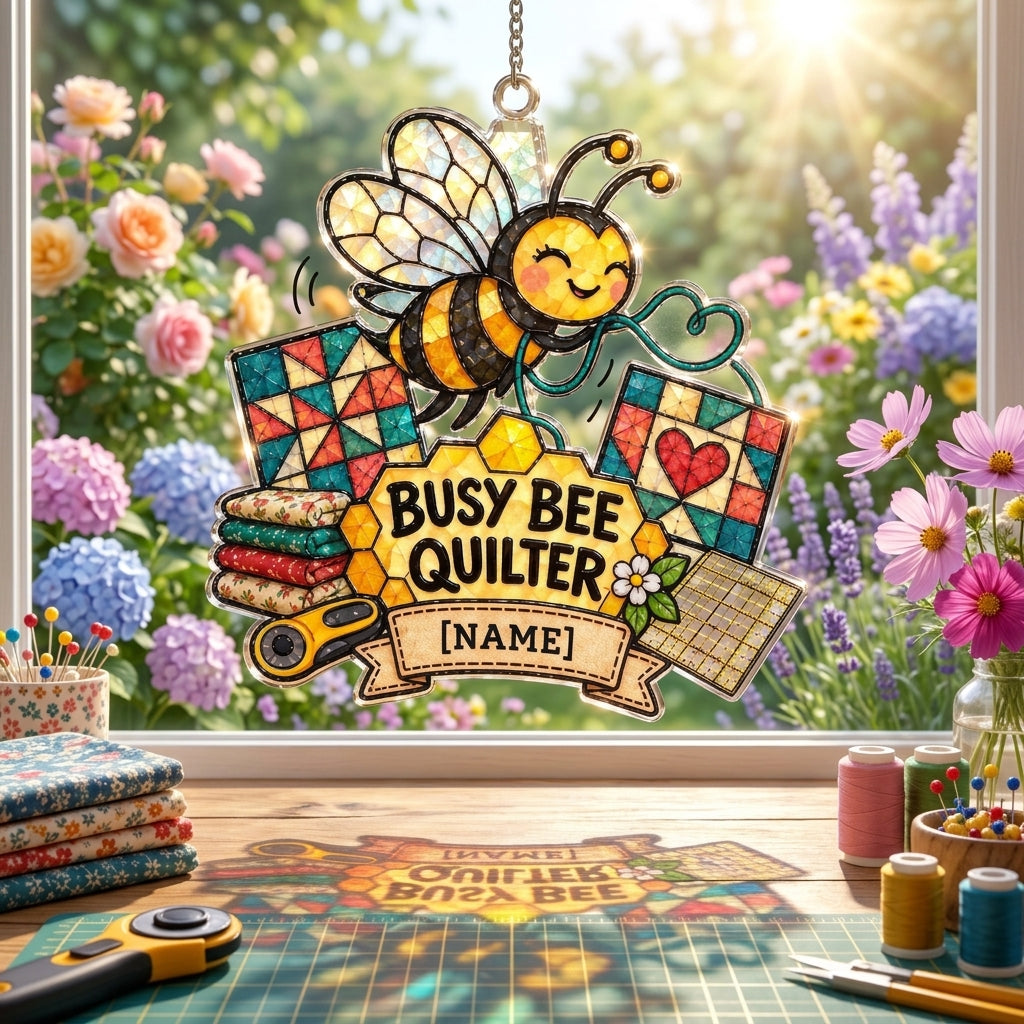 Personalized Busy Bee Quilter Custom Shape Suncatcher – Charming Gift for Quilting Lovers - mockup 1